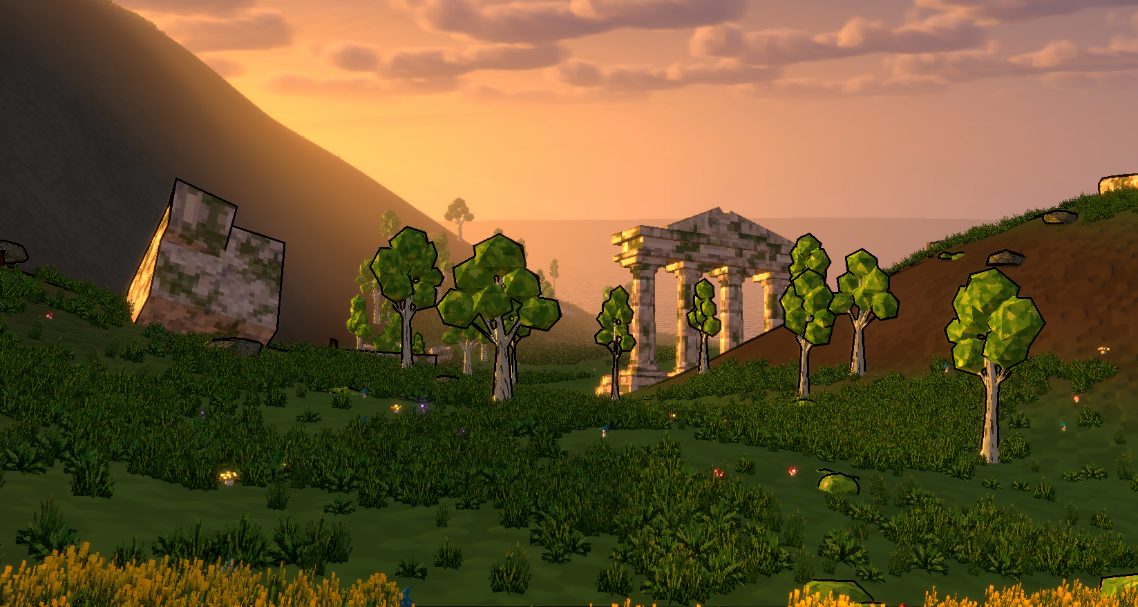A lone stone tower at the edge of a forest at sunset